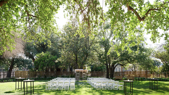 The Oasis Lawn set up for a wedding ceremony at the Plaza San Antonio Hotel and Spa. 